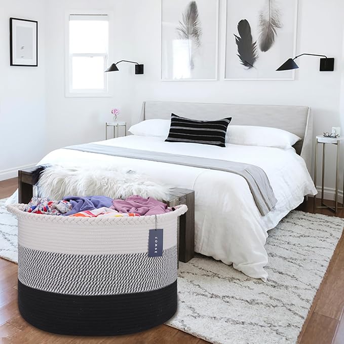COMSE Extra Large Blanket Basket, Woven Laundry Basket, 21.7âx 13.8â, Nursery Hamper, Cotton Rope Laundry Hamper Living Room for Storage Toys Clothes Towels (White &Gray &Black)