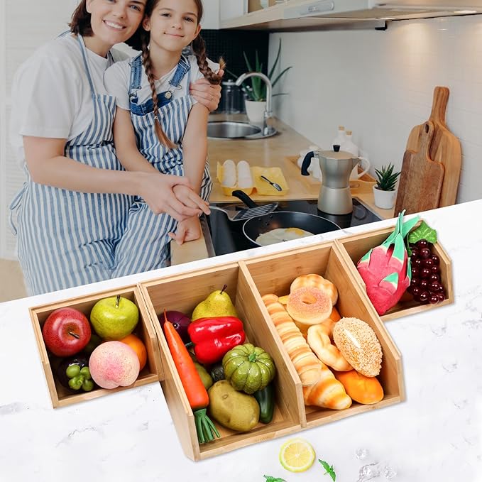 Bamboo Stackable Pantry Storage Bins, Kitchen Pantry Organizers and Storage, Potato and Onion Storage Bin, Wood Pantry Baskets for Produce, Fruits, Vegetable and Bread, Set 3 Pieces