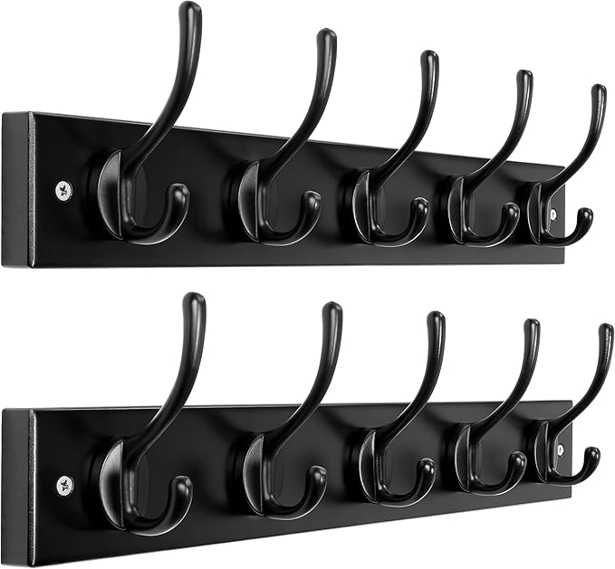 Dseap Wall Mounted Coat Rack: 16" Hole to Hole, Coat Hook Hanger with 5 Metal Hooks for Hanging Coats Towels Hats Clothes, Black, 2 Packs