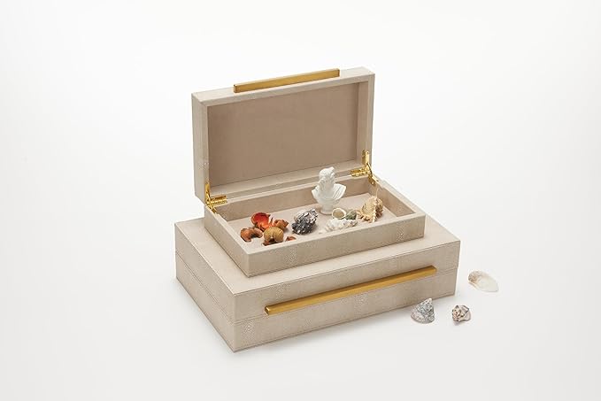 Sagala Set of 2 Ivory Shagreen Decorative Boxes With Brushed Gold Metal Handles, Faux Leather Jewelry Boxes Modern Storages Photo Memory Boxes Home Organizer Boxes (Ivory-Gold, 2pack)