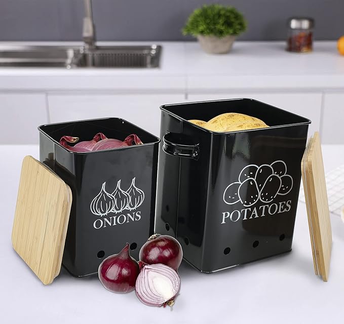 Kitchen Vegetable Storage Tins Set of 2 for Potatoes, Onion, with wooden lid Garlic Bin Caddy, Long Shelf Life-Black
