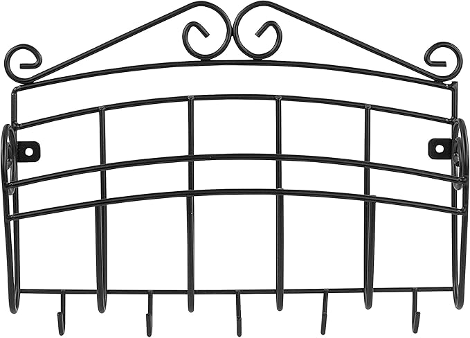 Spectrum Scroll Wall-Mounted Mail Organizer With Key Hooks, Wall Mount Entryway Organizer for Mail & Keys, Wall Letter Holder for Home & Office Organization, Black