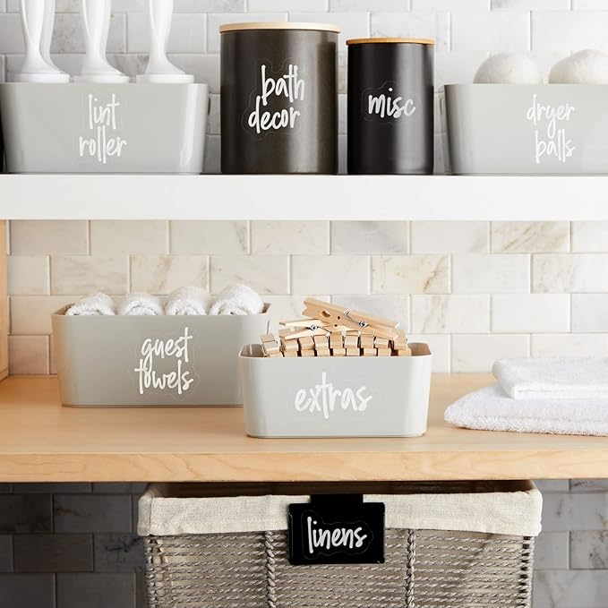 Talented Kitchen Laundry Room Organization Labels - 141 Preprinted White Script Clear Vinyl, Water-Resistant - Sticker Labels for Jars & Food Containers - Pantry, Bathroom & Linen Closet