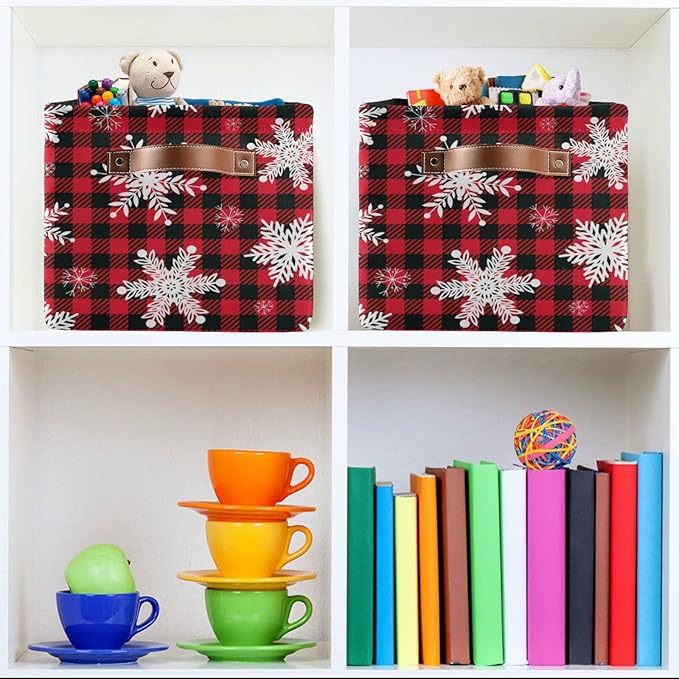 Bolaz Large Storage Basket Christmas Snowflake Plaid Foldable Storage Box Organizer Bins with Handles for Bedroom Home Office