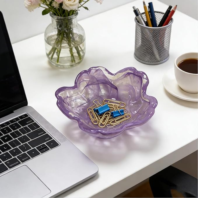 Flower Ring Dish Jewelry Tray, Glass Jewelry Dish Tray, Aesthetic Room Decor Small Trinket Dish, Nightstand Ring Holder Dish, Bathroom Jewelry Plate Bowl for Earrings (Watercolor Violet Purple)