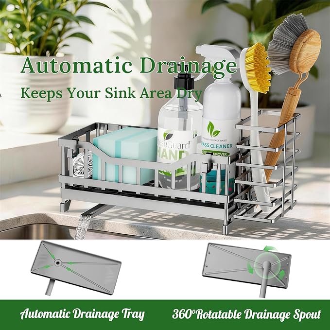 Sponge Holder for Kitchen Sink, Kitchen Sink Caddy with Long-Handled Dish Brushes Holder, 304 Rustproof Stainless Steel Countertop Organizers and Storage, Home Kitchen Sink Accessories (Grey)