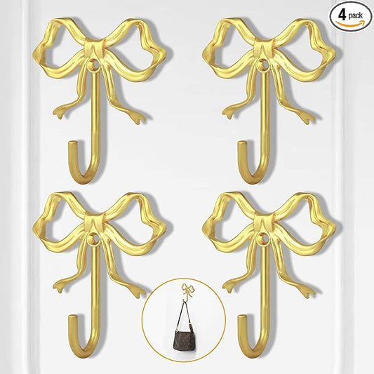 4 PCS Large Size Gold Bow Wall Hook, Gold Coat Hook, Metal Hooks, Bow Room Decor Hooks for Coats, Coffee Mugs, Hats, Bags, Bath Towels and Room Decorations