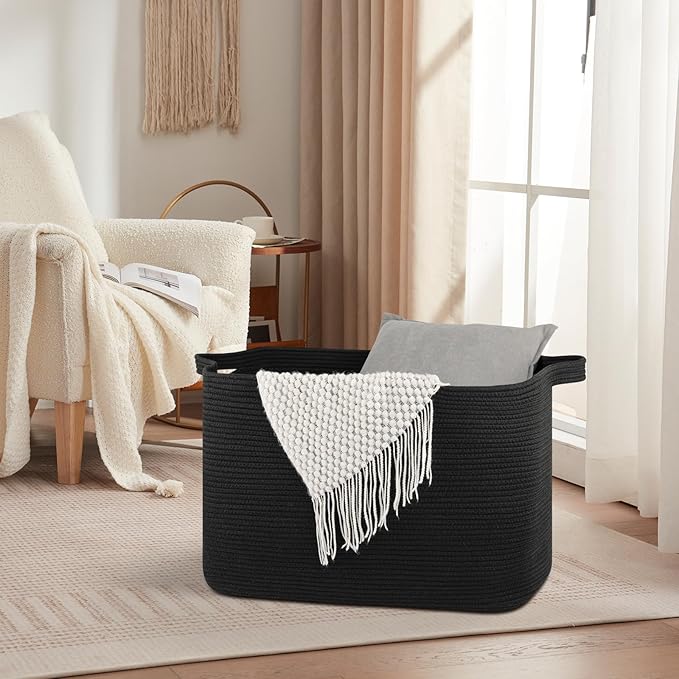 118L Extra Large Blanket Basket, 24.8"x17.7"x16.2" Woven Rope Baskets for Storage, Nursery Blanket Storage for Living Room, Toy Basket with Handle Organizing Comforter Cushions Pillows, Black
