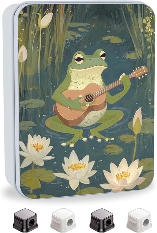 Metal Tin Box with Lid,Multi-functional Storage Large Box Can Store Tea Biscuits Game Cards, Playing & Tarot Cards-Comes with 4 Magnetic Cord Clips,Frog Playing Guitar