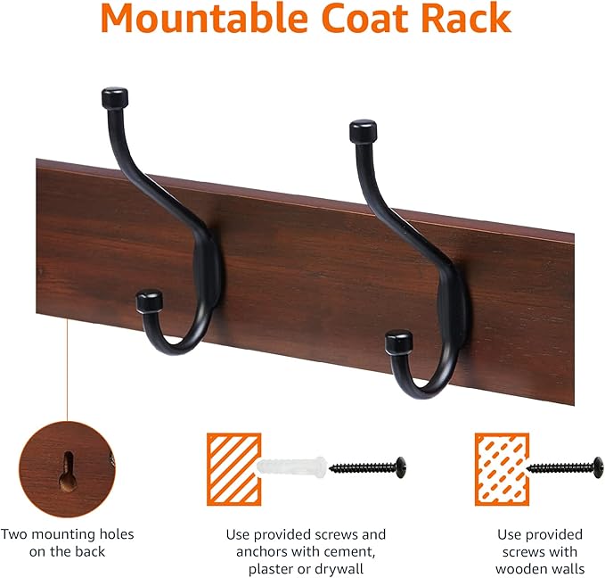 Amazon Basics Rectangular Farmhouse Wall-Mounted Coat Rack for Entryway and Bedroom, Storage Organizer, 5 Double Hooks, Light Walnut | Farmhouse, Rectangular