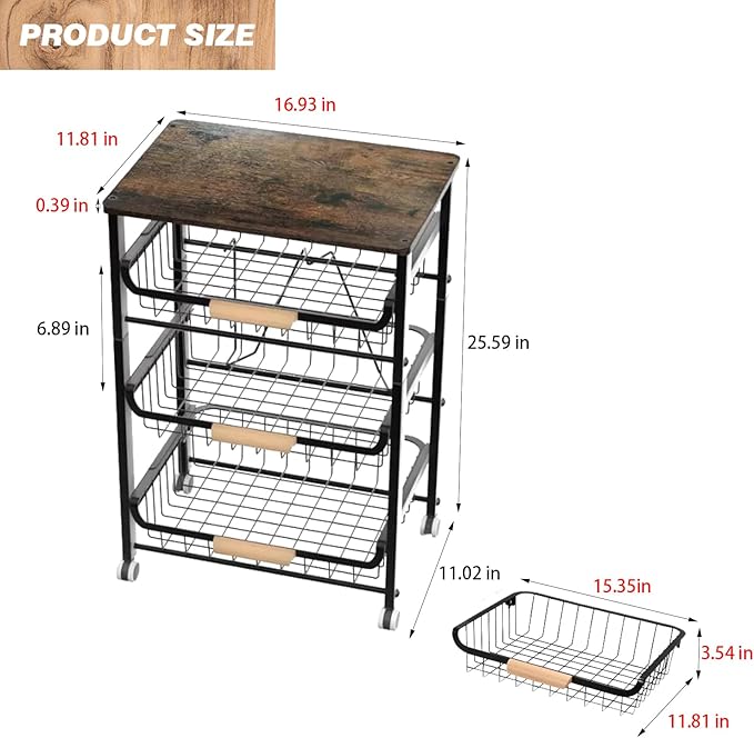 4-Tier Fruit Basket for Kitchen Counter Utility Organizer Carts on Wheels&Wood Top with Storage, Rolling Kitchen Cart for Pantry, Living Room (Black)