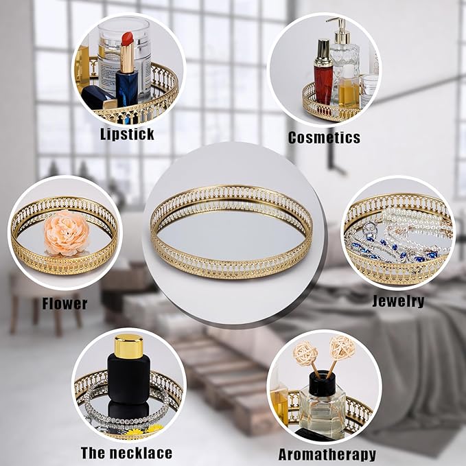 Gold Mirrored Vanity Tray for Bathroom Counter,Metal Decorative Jewelry Storage Tray Cosmetic Perfume Organizer for Dresser,Bedroom,Home Decor,Suit for Candle Holder,Coffee Table Centerpiece,S