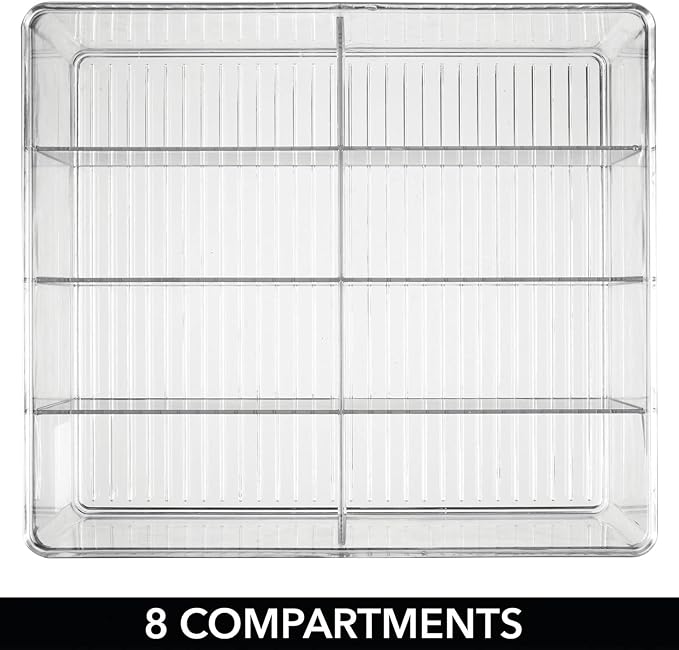 mDesign Plastic Extra Wide Storage Organizer Bin Box for Kitchen, Pantry, Cabinet, Countertop - Tea Bag, Sugar Packet, Coffee Snack, Condiment Holder, 8 Sections - Ligne Collection - Clear