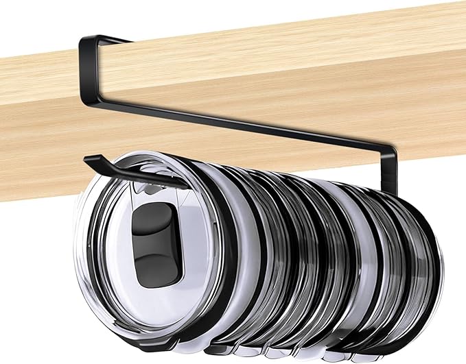 Tumbler Lid Organizer for Cabinet - Behind Door & Under Shelf Mount, Kezvulp No-Drill Holder (10-12 Capacity), Space Saving Anti-Drop Rustproof Rack, Fits 24oz Tumbler & 30/40oz Water Bottle Lids