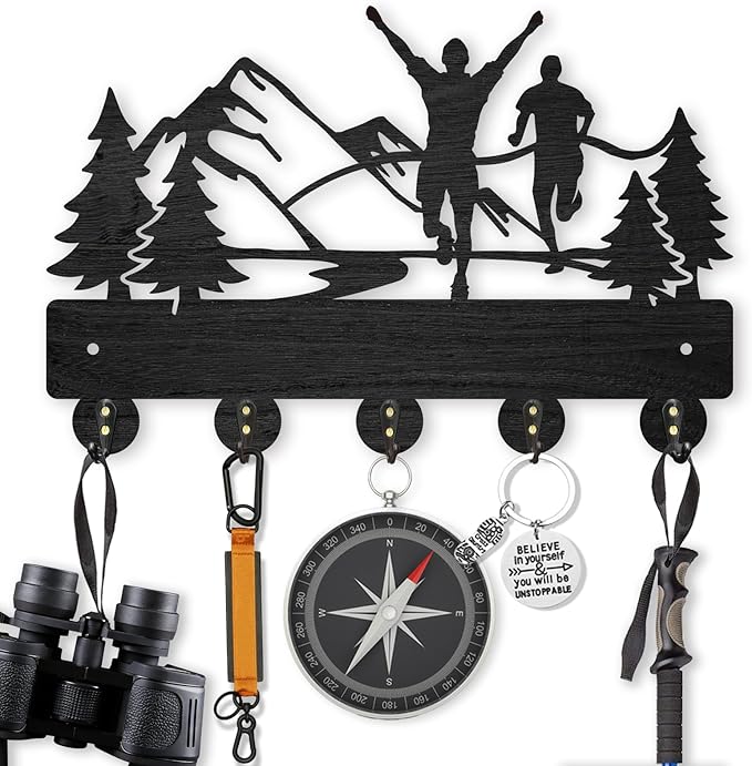 MAYJOYDIY Marathon Wall Mount Coat Rack 11.8×8inch Mountain Tree Key Holder Run Wood Wall Coat Rack Hooks with 5 Metal Hooks for Hanging Sports Medals Bracelets Hats Keys Storage Gift Home Decor