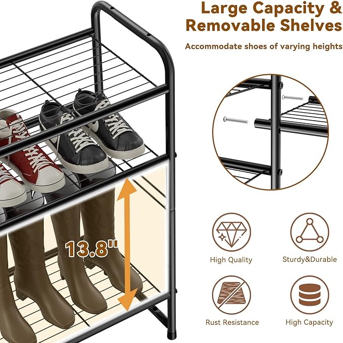4 Tier Shoe Rack, 32.5" Wide Stackable Sturdy Metal Shoe Shelf Storage Organizer with Height-Adjustable for Entryway, Closet, Black