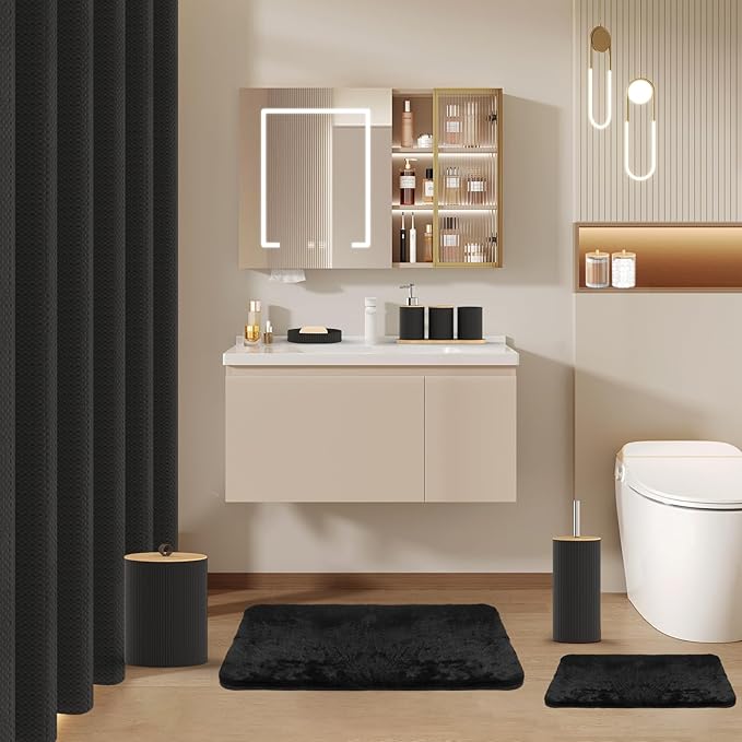 Bathroom Accessories Set - 24PCS Black Bathroom Set with Shower Curtain and Rugs,Trash Can,Toilet Brush Holder Set & Soap Dispenser – Stylish & Functional Bath Decor for Home, Apartment