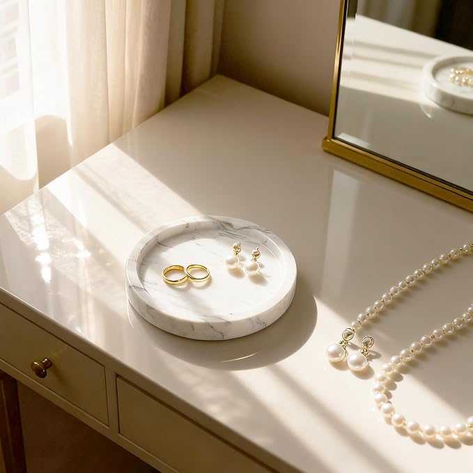Natural Marble Tray for Rings and Jewelry Dish, 5.91 inch Round Decorative Tray for Kitchen, Vanity, Bathroom,Dressing Table, Bedside Table, Home Decor, White (NS027)