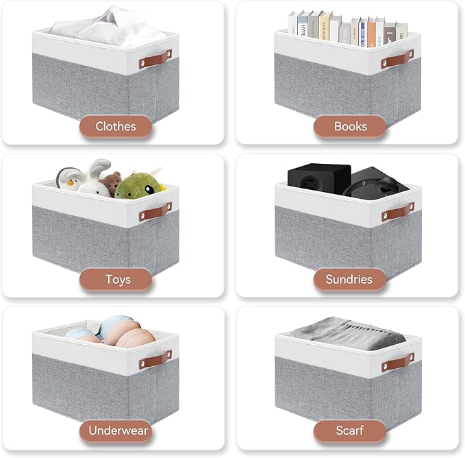 SNWDN 6 Pack Fabric Storage Baskets for Organizing Collapsible Fabric Storage Bins with Handles for Home organization and storage (White/Grey 15''Lx10.2''Wx9''H)