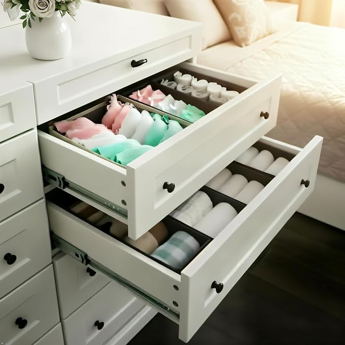 Sock Drawer Organizer 6 Pack - Collapsible Fabric Storage Bins for Underwear Divider, Small Closet Organizers with 6 Compartments, Khaki