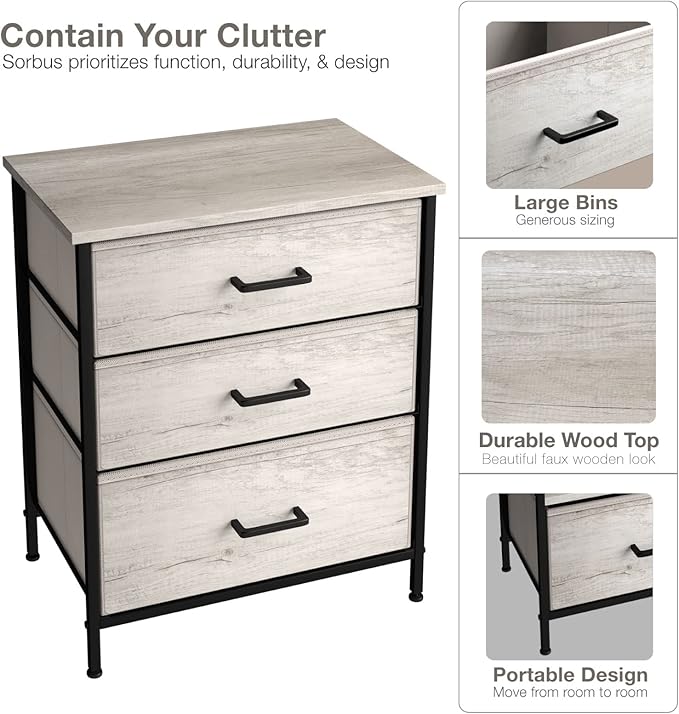 Sorbus Nightstand Dresser with 3 Faux Wood Drawers - Bedside Table Chest with Storage, Steel Frame, Wood Top, Easy Pull Fabric Bins for Bedroom, Living Room, Closet & Dorm Furniture Lamp Stand