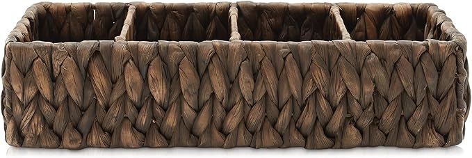 Casafield Set of 2 Water Hyacinth Basket Organizers with 4 Sections, Espresso - Woven Storage Bins for Bathroom, Laundry, Pantry, Office, Shelves
