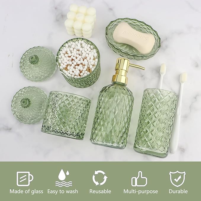 5Pcs Glass Bathroom Accessories Set,Green Vintage Bathroom Accessory Set, Bathroom Counter Sink Toothbrush Holder Set Includes Hand/Lotion Soap Dispenser & Tumbler & Soap Dish & Qtip Holders