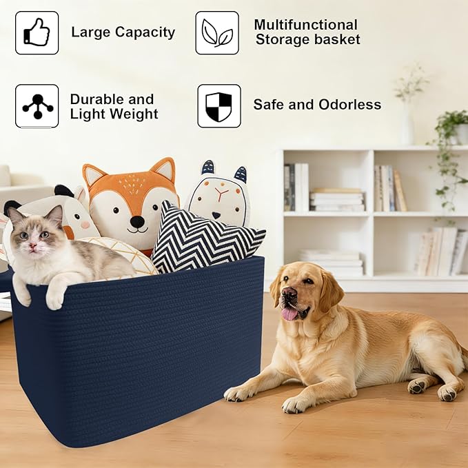 Magazine & Newspaper Baskets,65L Large Woven Rope Blanket Basket,21"x16"x12"Storage Bin with Handle,Toys Storage,Laundry Basket for Home Organization/Living Room/Nursery/Bedroom,Navy