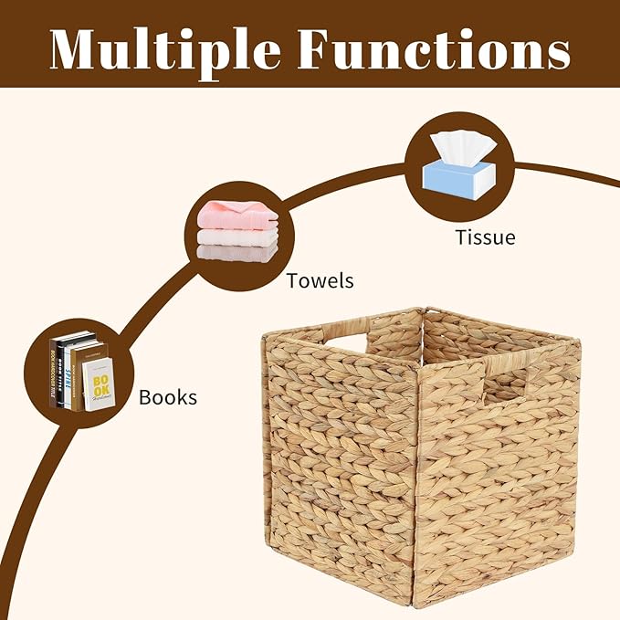 2-Pack Foldable Wicker Cubes 12x12x12 Inch, Cube Storage Bin Woven Storage Basket, Square Wicker Basket for Home & Kitchen Shelf Organizers, Decorative Storage Basket for Bedroom/Bathroom/Office