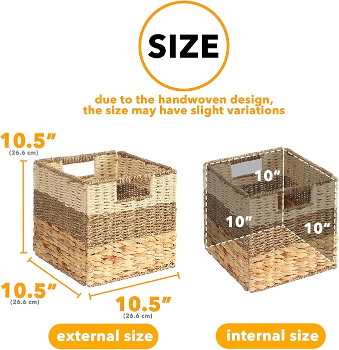 SpaceAid 4 Pack 3 Pattern Design Wicker Basket, Baskets for Organizing, Storage Rattan Basket with Handles for Shelves, Woven Cube Storage Bin Organizer, 10.5x10.5x10.5 inch, Natural