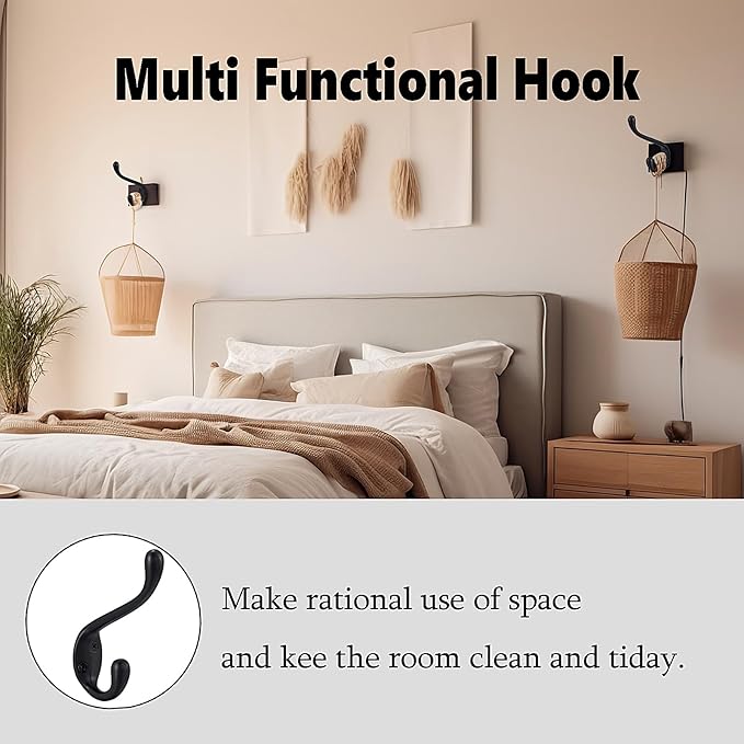 Coat Hooks 20 Pack - Heavy Duty Wall Mounted Matte Black Double Hooks for Hanging Clothes/Towels - Sturdiness Design with Better Mounting System