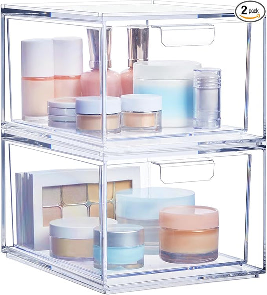 STORi Audrey Stackable Clear Bin Plastic Organizer Drawers | 2 Piece Set | Organize Cosmetics and Beauty Supplies on a Vanity | Made in USA