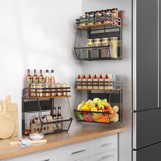 Magnetic Shelf for Fridge with Wood Lid, Large Capacity Magnetic Spice Rack for Refrigerator Kitchen Storage Bin for Fruit, Onion, Potatoes, Storage Organizer for Counter & Cabinet, Mesh Basket