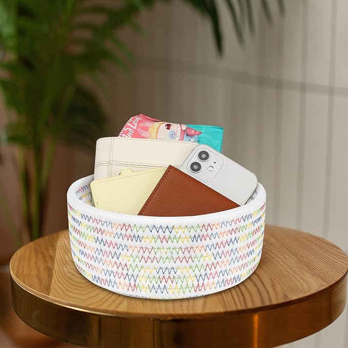 ABenkle Small Woven Basket, Empty Tiny Shallow Storage Basket, Mini Cotton Rope Baskets, Round Decorative Hamper, Basket Storage Bins for Toys, Spa, Socks, Nursery, Living Room