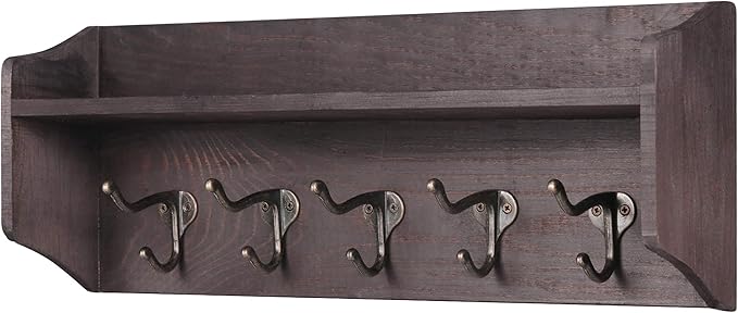 LAVIEVERT Coat Hooks with Storage Shelf Wall-Mounted, Rustic Wood Hanging Coat Rack with 5 Vintage Metal Hooks for Entryway, Living Room, Kitchen, Bathroom - Brown