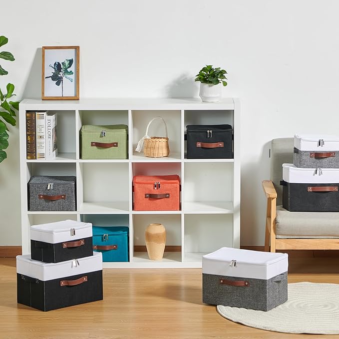 2 Pack Storage Boxes with Zipper Lid Cotton Linen Fabric Lidded Storage Bins Baskets Foldable Washable Closet Shelf Clothes Organizer Container Faux Leather Handles (Gray White, Large)