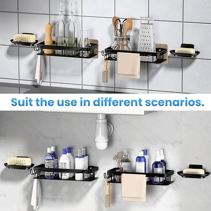 Flat Panel Design Shower Caddy,Anti-Tip & Anti-Fall Bathroom Organizers and Storage,4-Pack Rust-Resistant Aluminum Shower Shelves with Soap Holder&Towel Bar,Spacious Bathroom Accessories Set