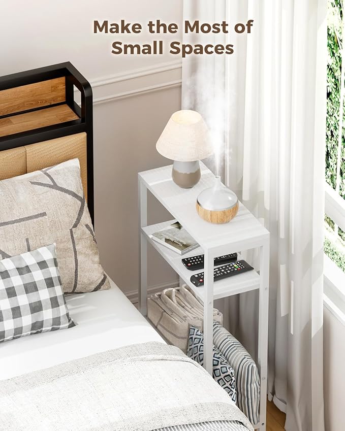 Karii Narrow Side Table, Skinny End Table for Small Spaces with Storage, 3-Tier Slim Wooden Bedside Nightstand Thin Couch Table for Living Room Bedroom Office Dorm Kitchen Bathroom (1, White)