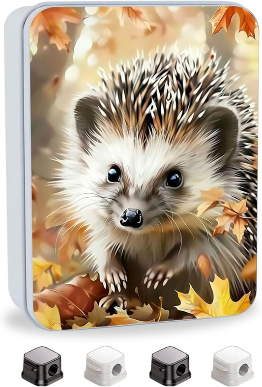 Metal Tin Box with Lid,Multi-functional Storage Box Can Store Tea Biscuits Game Cards, Playing & Tarot Cards-Comes with 4 Magnetic Cord Clips,Hedgehog in Autumn Leaves