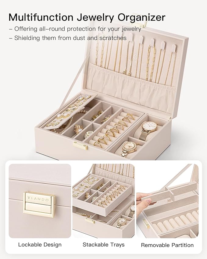 VLANDO 2 Layer Jewelry Boxes Large Jewelry Organizer for Women Removable Jewelery Tray for Watch Necklace Earrings Rings Bracelets Wedding Gifts Bride Gifts(Apricot White)