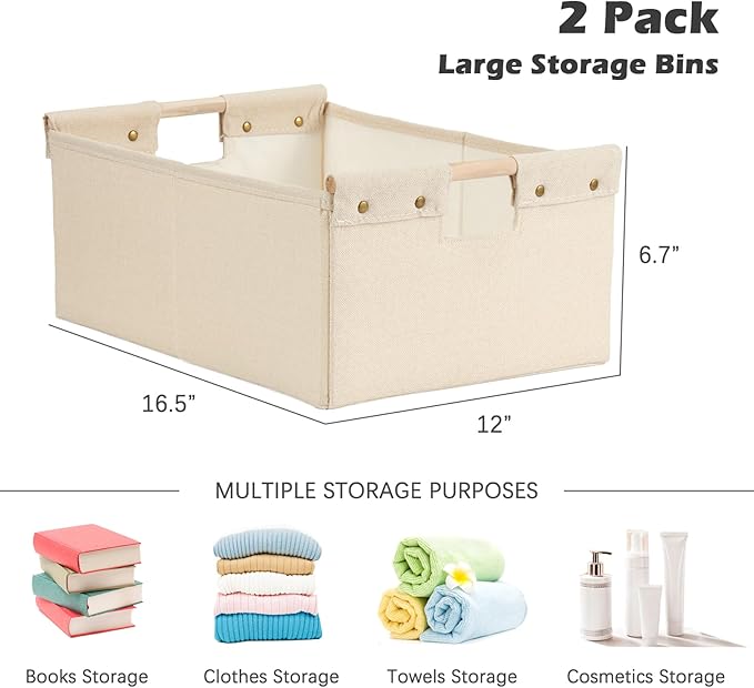 2PCS Storage Bins Cotton Linen Fabric Storage Boxes Basket with Wooden Handles Label Tag Foldable Washable Decorative Shelf Container Clothes Organizer Home Laundry - Large Size, Beige