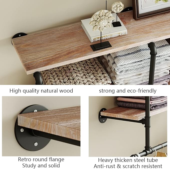 MAIKAILUN Industrial Pipe Clothes Rack with Wood Shelf, 42" Long Wall Mounted Clothing Rack with Hanging Rod for Laundry Room, Heavy Duty Pipe Shelves, Closet Storage, Retail Boutique Display