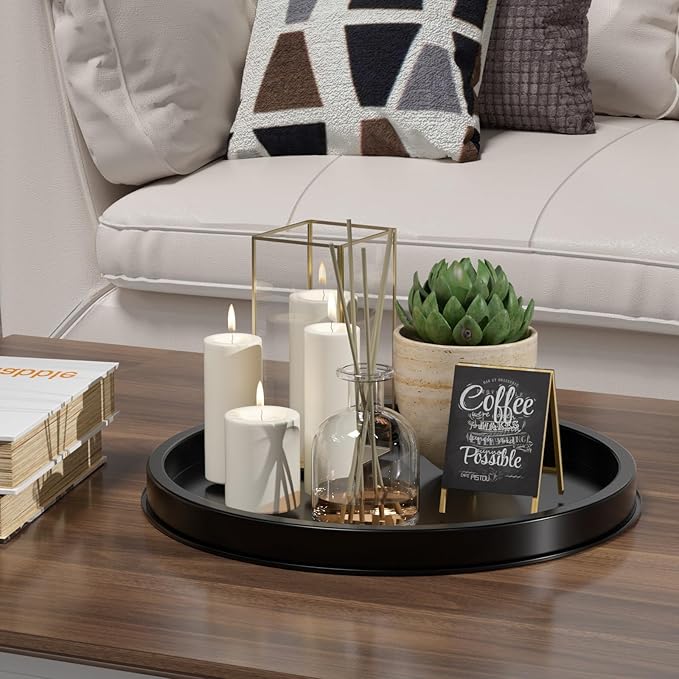 HGF Decorative Tray for Coffee Table, 13 Inch Lightweight Metal Round Trays for Kitchen Sink Counter Organizer Dining Centerpiece Table for Display Candle Vase, Black Round Tray for Decor