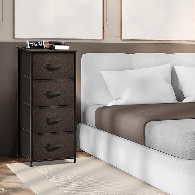 Sorbus Nightstand with 4 Drawers - Bedside Furniture & Night Stand End Table Dresser with Steel Frame, Wood Top, Easy Pull Fabric Bins for Home, Bedroom Accessories, Office & Dorm