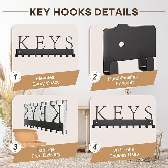 GPANDAG 2 Pack Key Holder Wall Mount with 20 Key Hooks, 10.2"x3.6" 20LB Metal Key Hanger for Kitchen/Living Room/Entryway/Apartment | Key Rack Hold Coat, Leash, Christmas/Home Decor | Dual Mount, KEYS