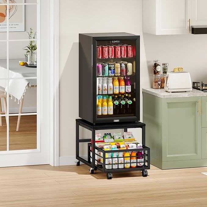 HOOBRO Mini Fridge Stand with Movable Storage Basket, Mini Fridge Cabinet with Wheels and Adjustable Feet, Sturdy Metal Frame, for Kitchen, Living Room, Office, Black BB155TL01
