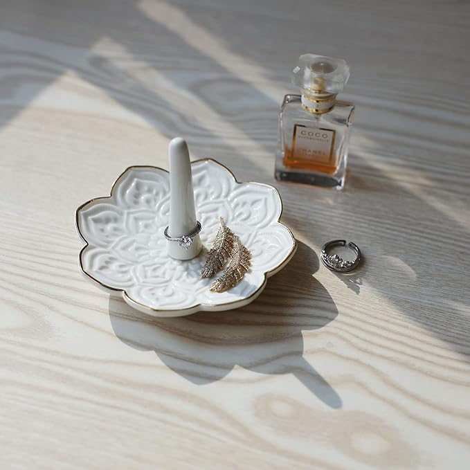 HOME SMILE Ceramic White Mandala Ring Holder,Decorative Jewelry Dish Tray, Engagement Wedding Birthday Valentines's Day Gifts for Women