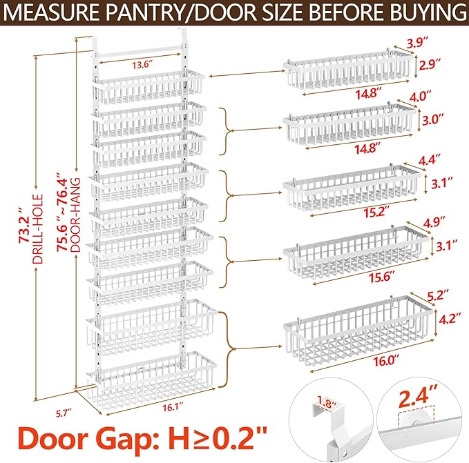 9 Tier Over The Door Pantry Organizer, 2 in 1 Wall Mount or Hanging Spice Rack with Adjustable Basket, Seasoning Organizer and Storage for Kitchen Cabinet Closet Bathroom