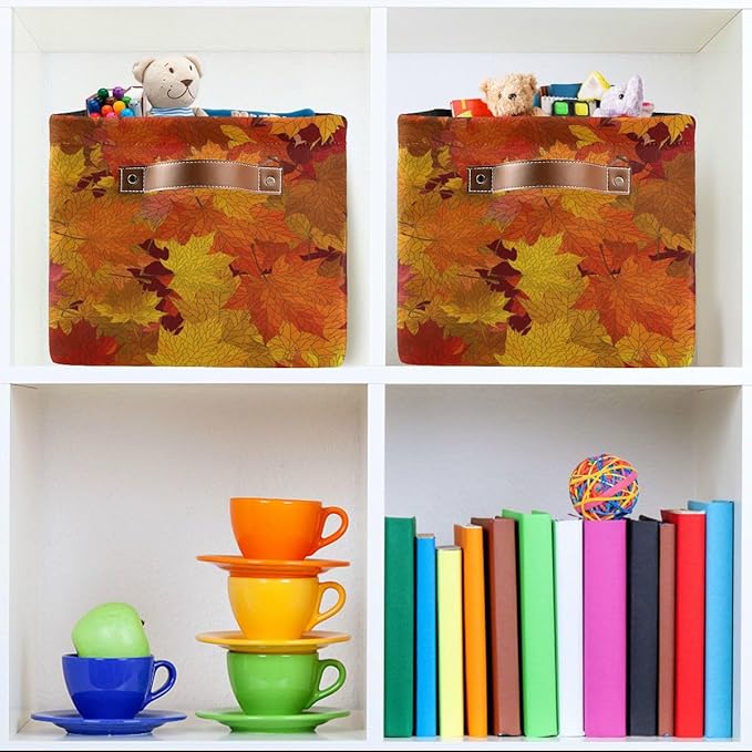 Bolaz Maple Autumn Leaves Storage Basket,Fall Large Storage Bin Fabric Collapsible Organizer Bag with Handles 15x11x9.5 inch