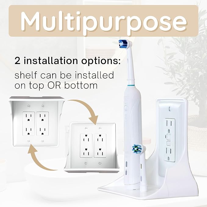 Power Perch Double Wall Outlet Shelf with Cord Storage Strap - Declutter & Reclaim Bathroom Counter Space - Alexa Stand, Apple Homepod Shelf, Toothbrush Holders Wall Mounted - White, 1-Pack